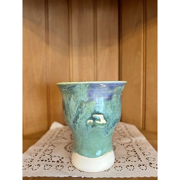 Handcrafted Studio Ceramic Pottery Blue Green Artist Signed Goblet Planter Vase - Picture 4 of 7